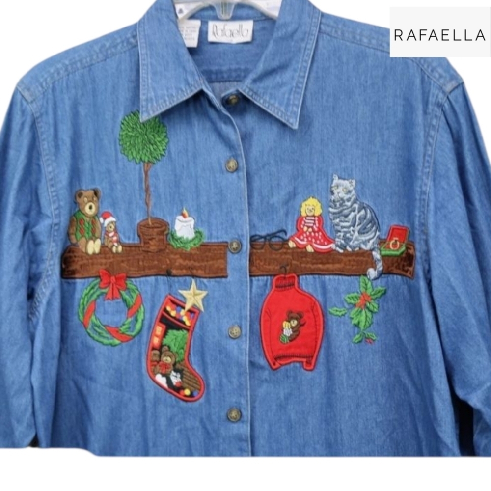 RAFAELLA Vintage Chambray Embroidered Christmas Denim Shirt Size Small - Picture 2 of 6